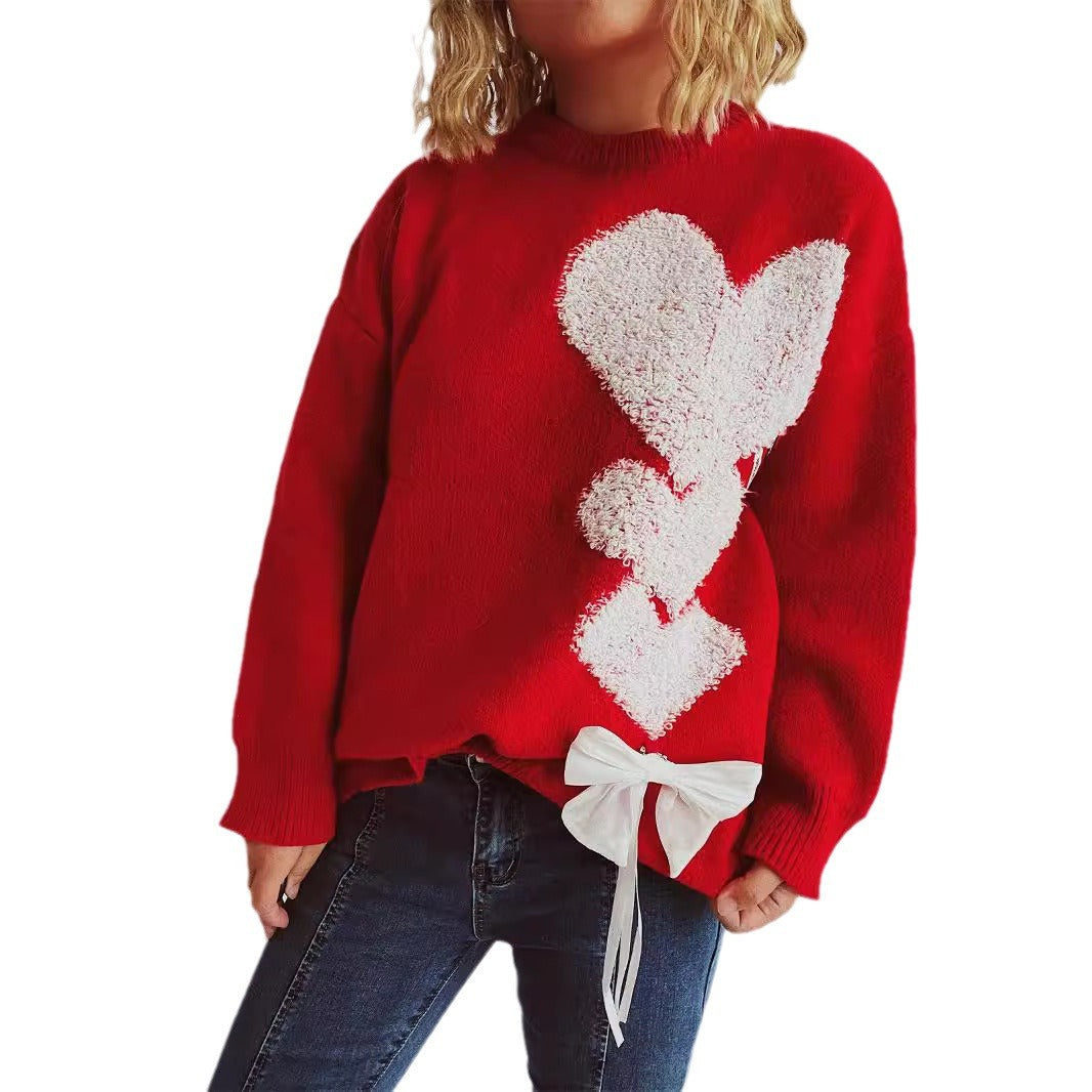 Damen Pullover mit herzförmigem Design und dekorativer Schleife R&B