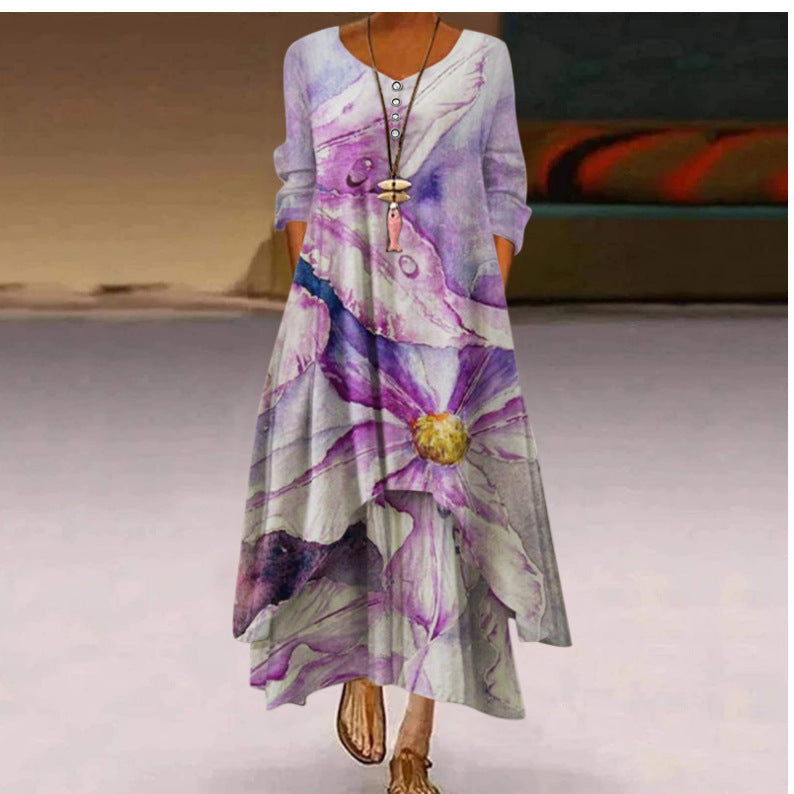 Damen Fließendes Maxikleid mit kunstvollem Blumendruck und asymmetrischem Saum R&B