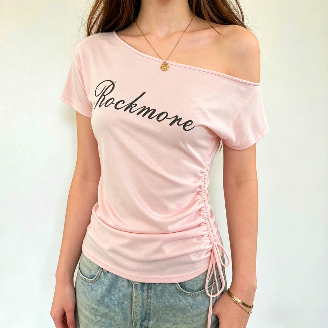 Damen Off-Shoulder T-Shirt mit Raffungen und modischem Schriftzug R&B