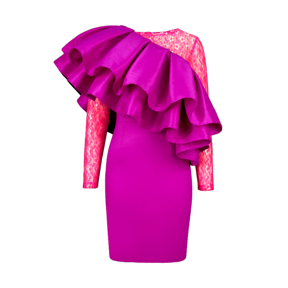 Damen Elegantes Kleid mit voluminösem Rüschendesign und floralen Spitzenakzenten R&B