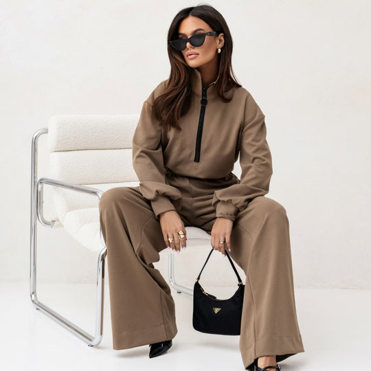 Damen Modischer Jumpsuit mit Stehkragen und Reißverschluss R&B