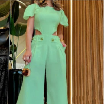Damen Eleganter Jumpsuit mit Cut-Out und voluminösen Ärmeln R&B
