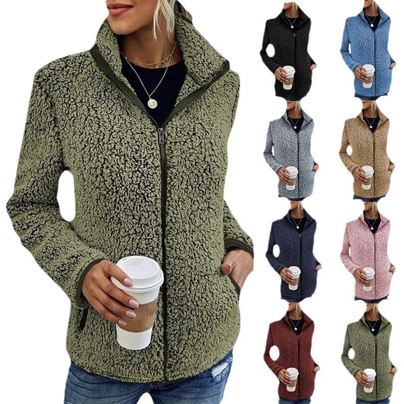 Damen flauschige Fleecejacke mit hohem Kragen und seitlichen Taschen R&B