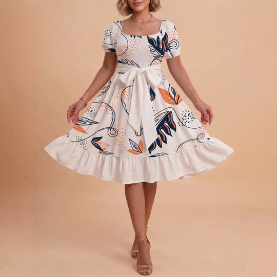 Damen Sommerliches Blumenkleid mit taillierbarem Gürtel und voluminösen Ärmeln R&B