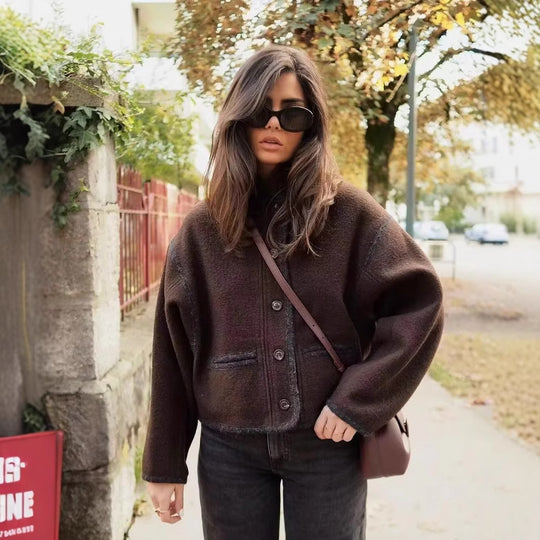 Damen cropped Übergangsjacke mit eleganten Knöpfen und praktischen Taschen R&B