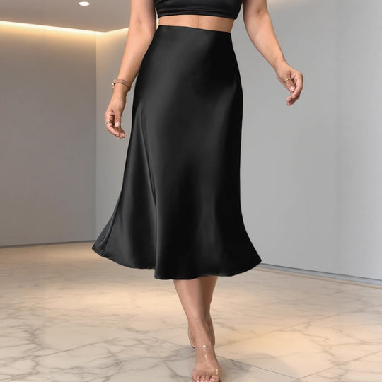 Damen Eleganter Satin-Midirock mit hohem Schnitt und fließendem Fall R&B