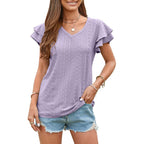 Damen luftiges V-Ausschnitt T-Shirt mit Rüschendetails und Lochmuster R&B