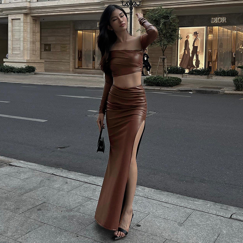 Damen elegantes asymmetrisches Cropped-Oberteil mit langen Ärmeln R&B