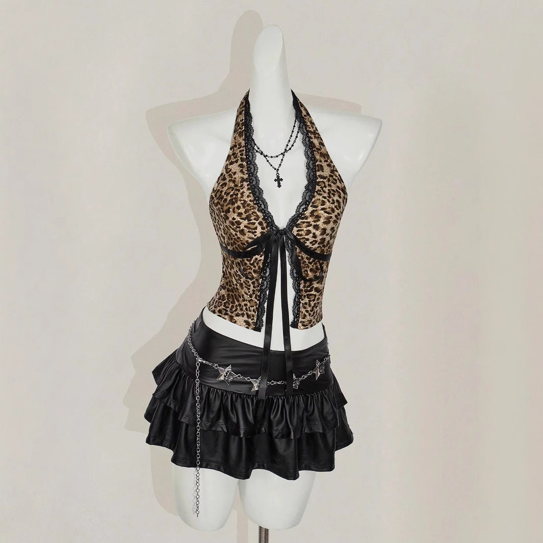 Damen Haltertop mit Spitzenverzierungen und Leopardenmuster R&B