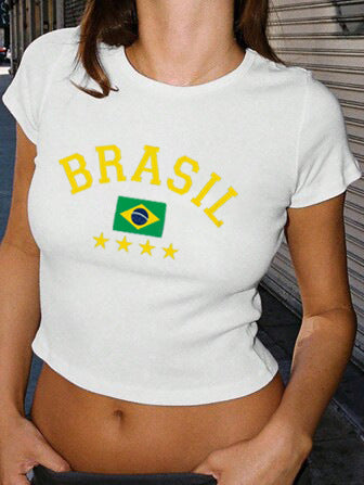 Damen Crop-T-Shirt mit kreativem Grafikdruck und stylischem Schriftzug R&B