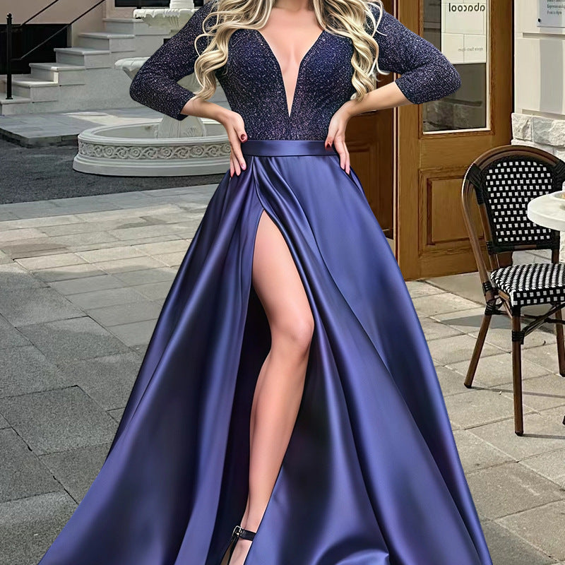 Damen Elegantes Abendkleid mit tiefem V-Ausschnitt und seitlichem Schlitz R&B