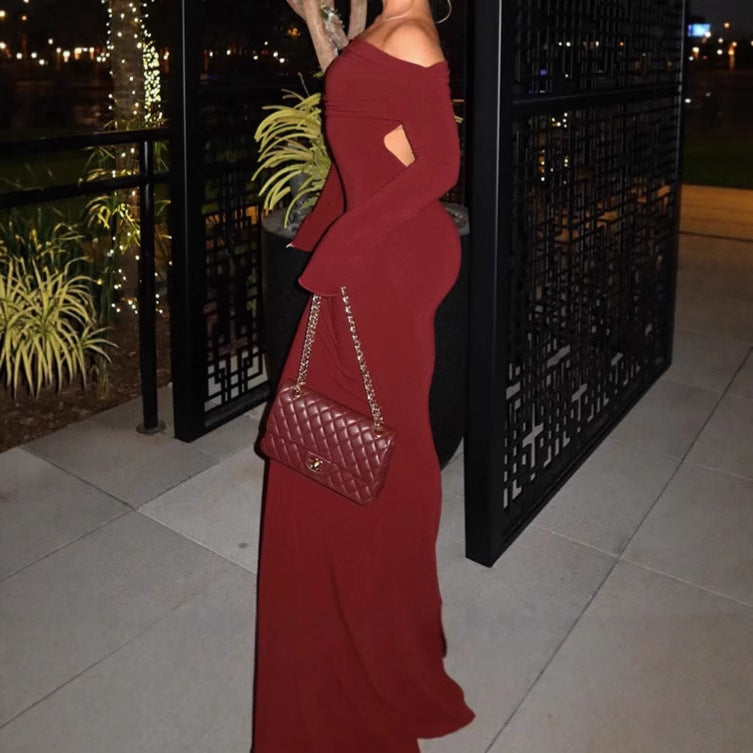 Damen Off-Shoulder Maxikleid mit kreativen Cut-Out-Details und figurbetontem Design R&B