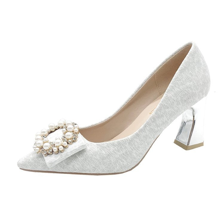 Damen elegante High Heels mit perlbesetztem Schleifenakzent und blockiertem Absatz R&B