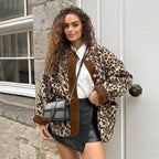 Damen Kuschelweiche Leopardmuster Jacke mit Knopfverschluss und hohem Kragen R&B