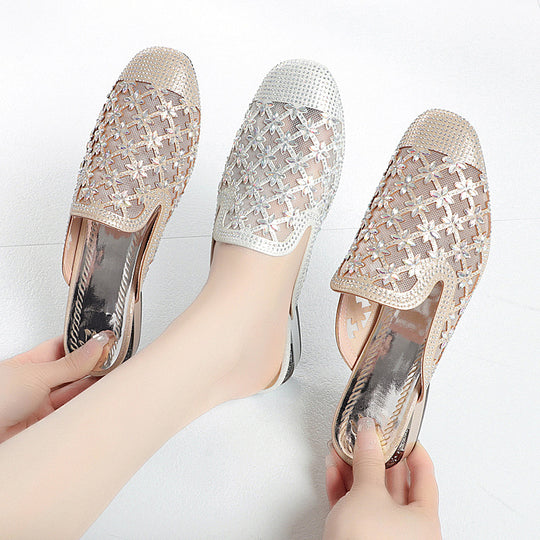 Damen Elegante Slip-On Ballerinas mit funkelndem Strass und floraler Perforation R&B