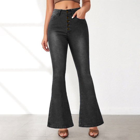 Damen Flared Jeans mit hohem Bund und Knopfdetail R&B