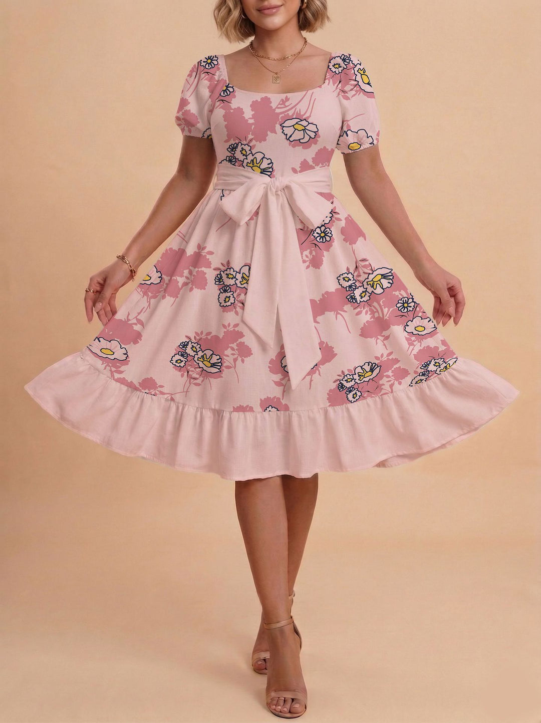 Damen Retro Maxikleid mit Puffärmeln und Taillengürtel R&B