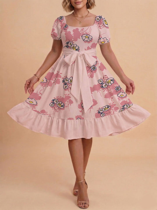Damen Retro Maxikleid mit Puffärmeln und Taillengürtel R&B