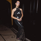 Damen Figurbetontes Schachmuster-Maxikleid mit glitzernden Pailletten R&B