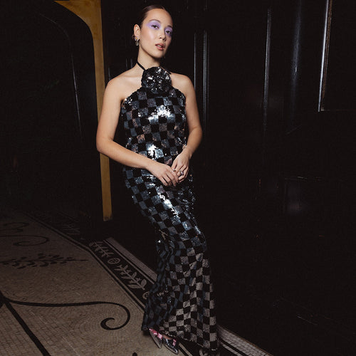 Damen Figurbetontes Schachmuster-Maxikleid mit glitzernden Pailletten R&B