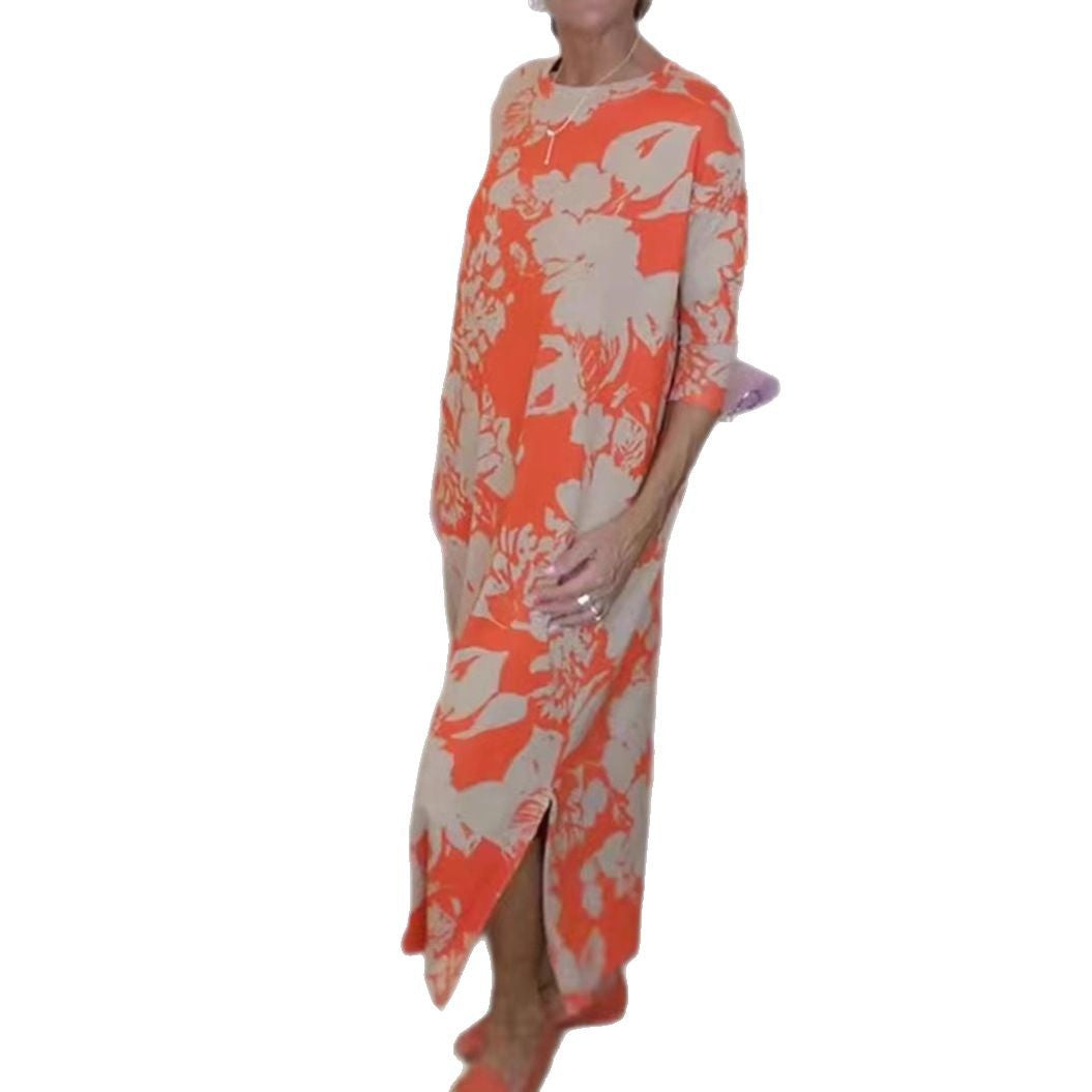 Damen nan fließendes A-Linien-Maxikleid mit Dreiviertelärmeln Rundhalsausschnitt Seitenschlitz und Eingrifftaschen R&B