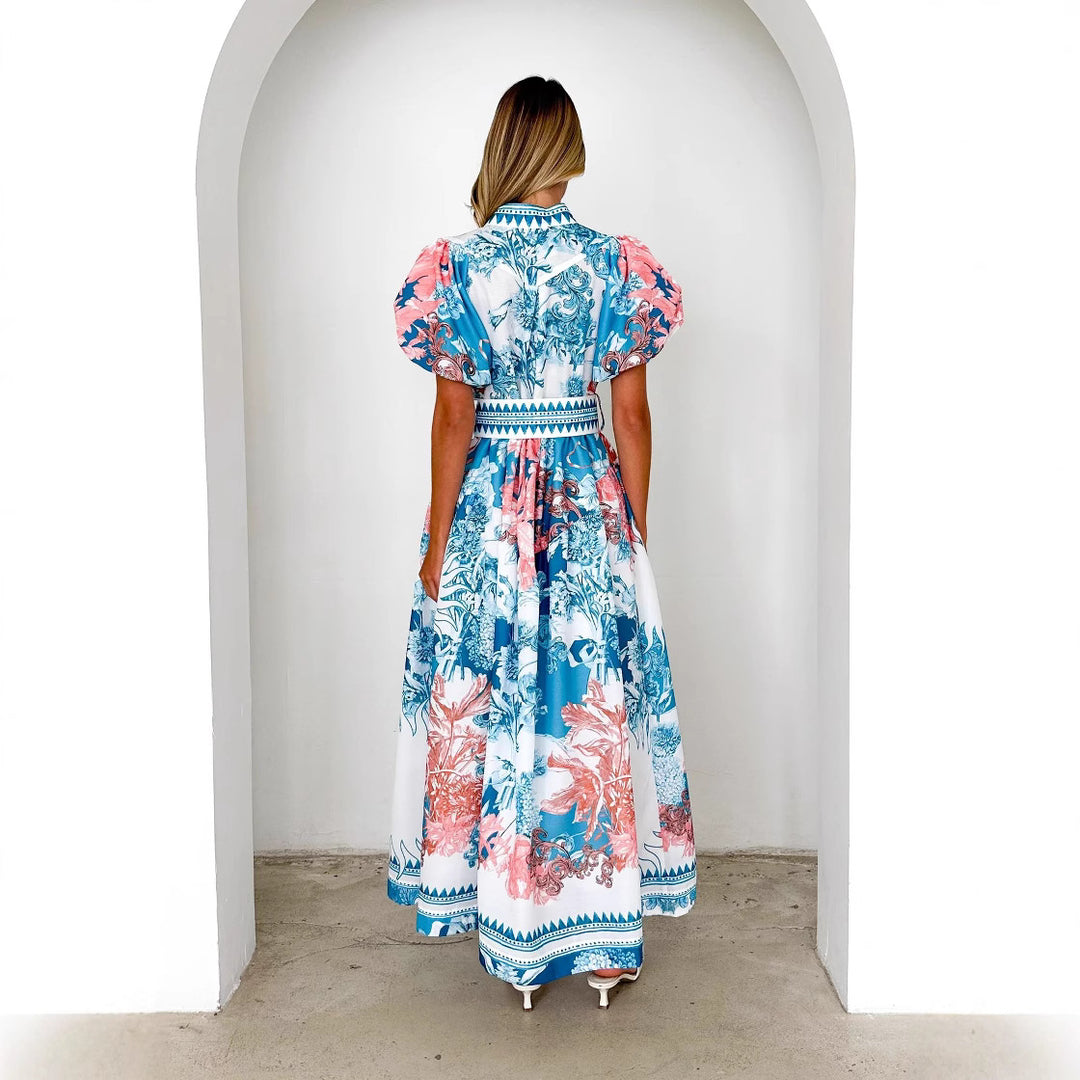 Damen Maxikleid mit hohem Kragen und eleganten Puffärmeln R&B