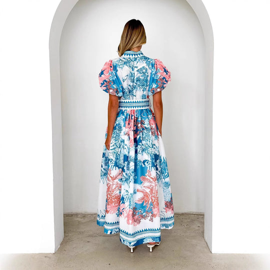 Damen Maxikleid mit hohem Kragen und eleganten Puffärmeln R&B