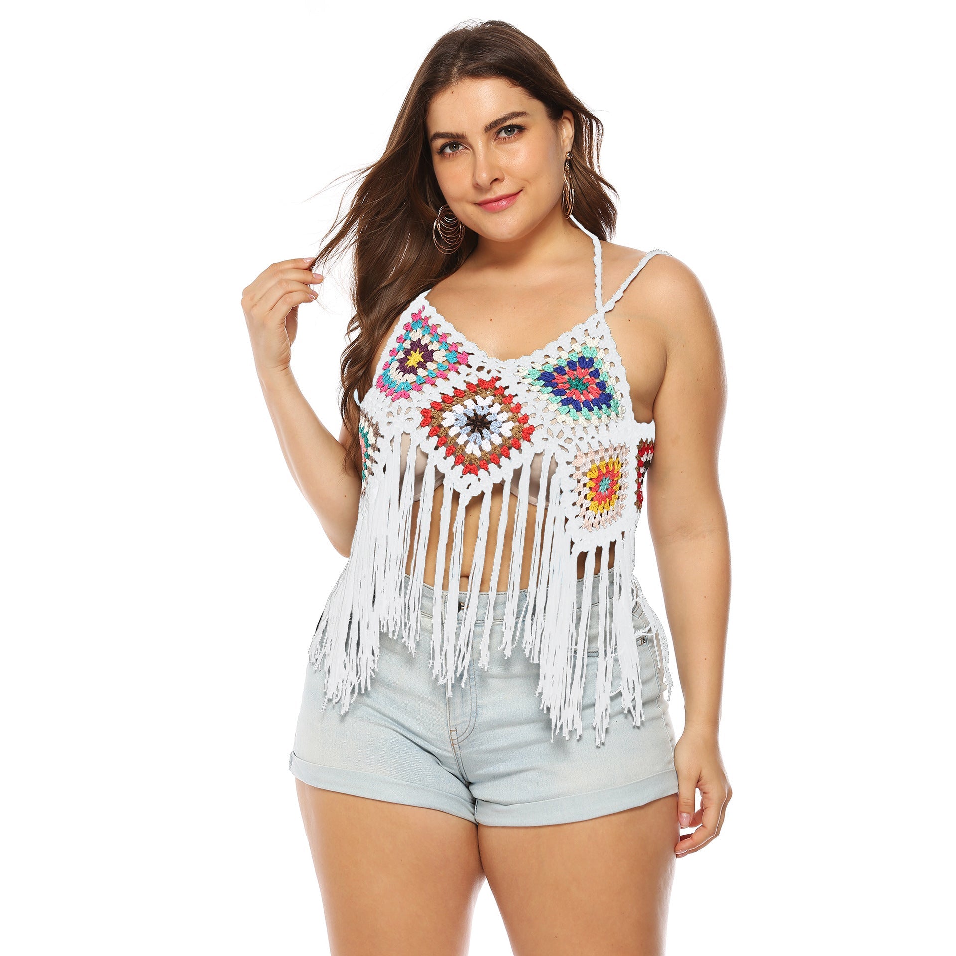 Damen gehäkeltes Crop-Top mit buntem Fransen-Design R&B