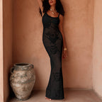 Damen Häkel-Maxi-Kleid mit transparentem Design und floralem Muster R&B
