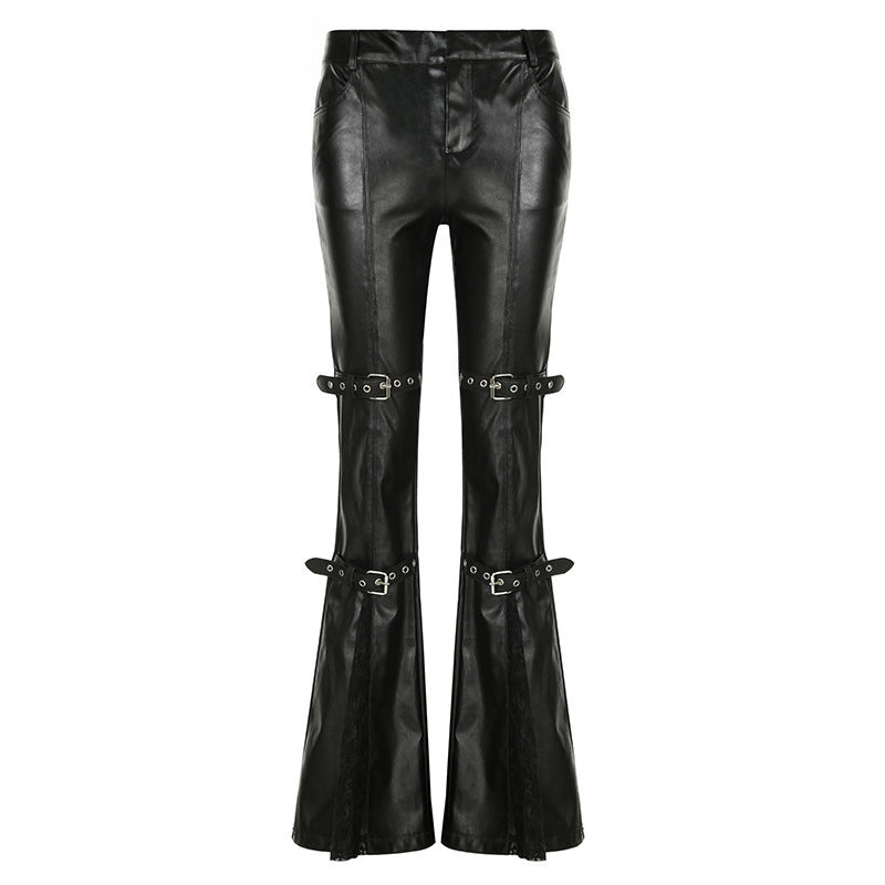 Damen Modische Kunstleder Flared Hose mit verstellbarem Bund R&B