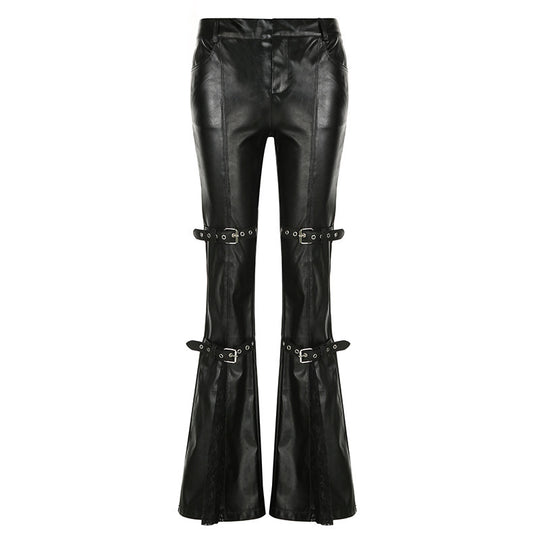 Damen Modische Kunstleder Flared Hose mit verstellbarem Bund R&B