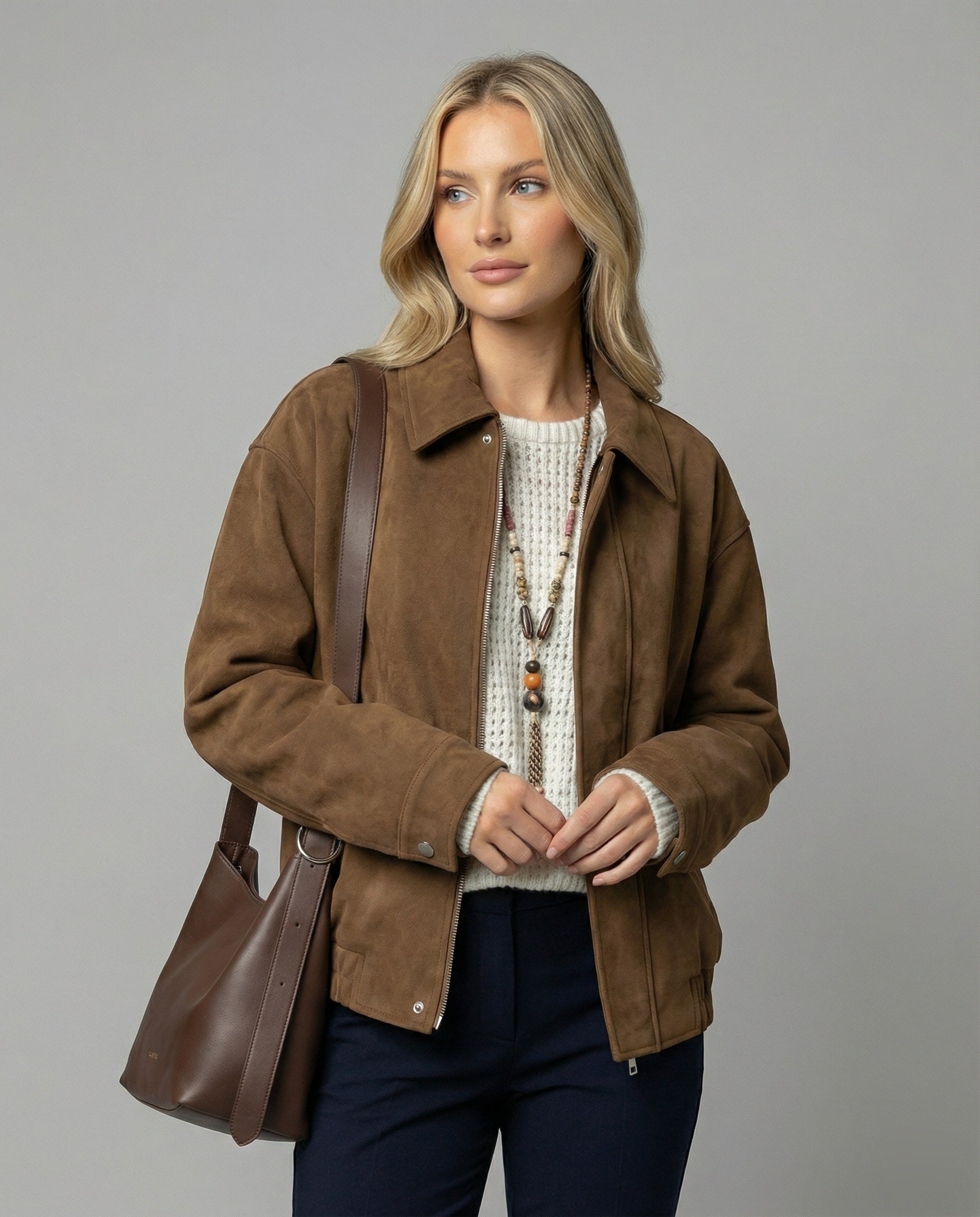 Retro Wildleder-Optik Jacke Damen Herbst Oversize Braun Kurzmantel