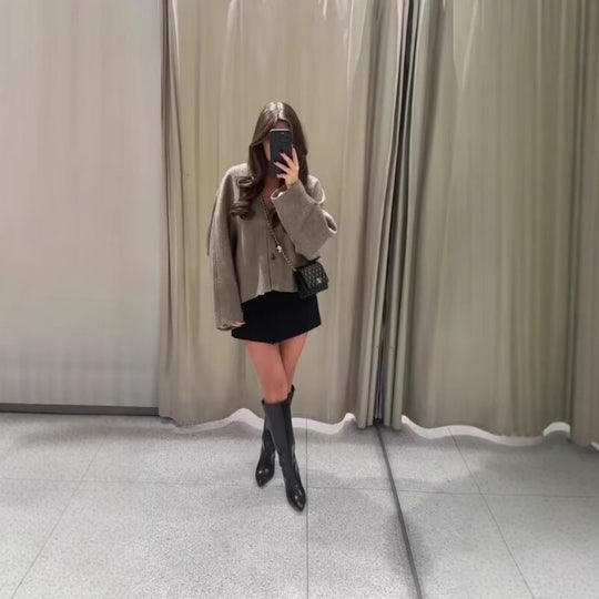 Damen modische Wolljacke mit elegantem Kragen und praktischen Taschen R&B