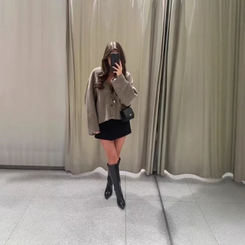 Damen modische Wolljacke mit elegantem Kragen und praktischen Taschen R&B