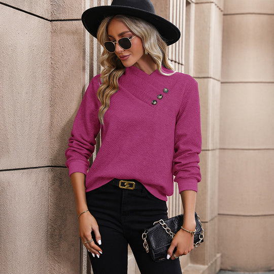 Damen Strickpullover mit innovativem Wickeldesign und dekorativen Knopfdetails R&B