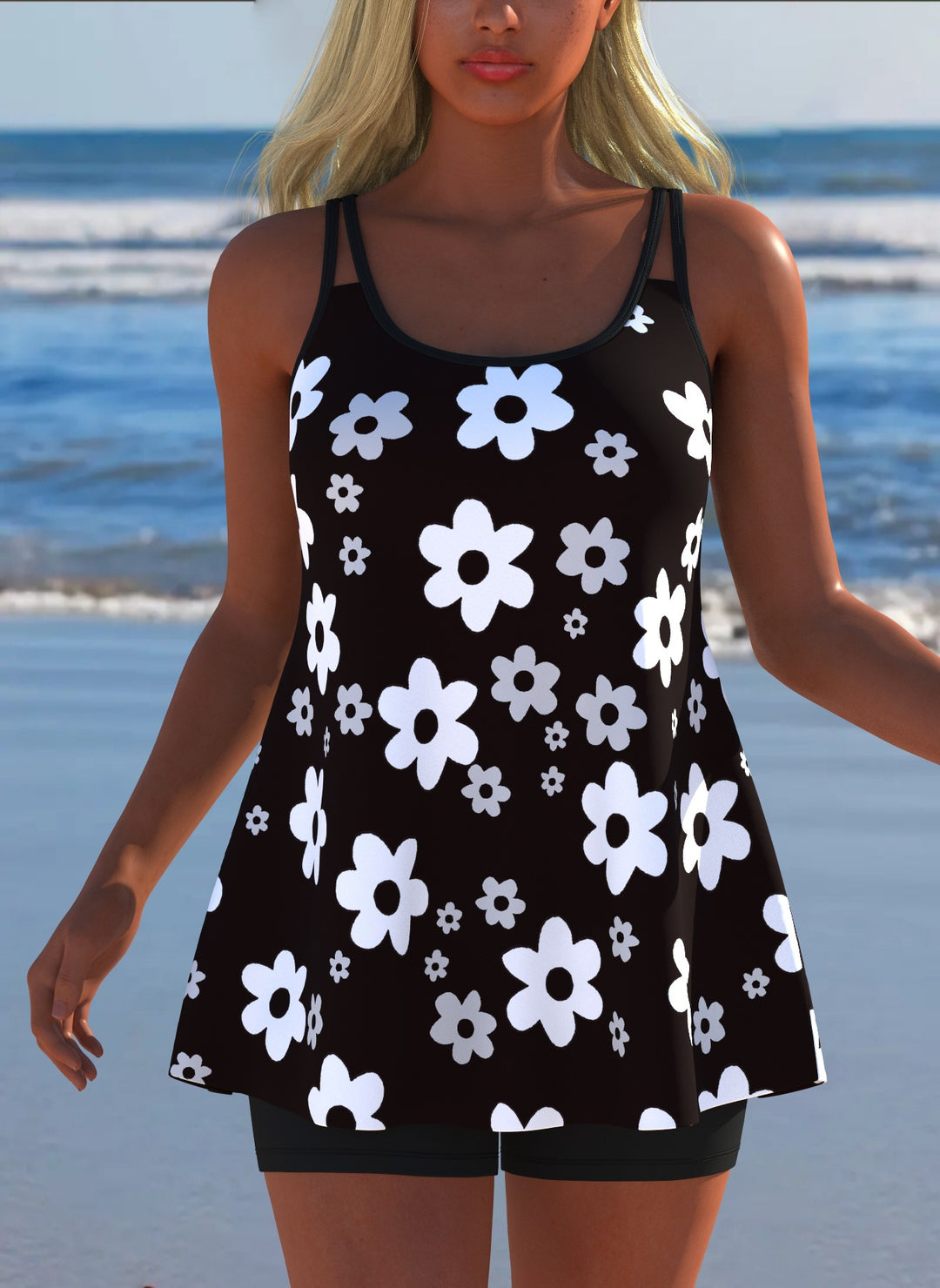 Damen Schwimmanzug in Plissee-Optik mit floralen Mustern und bequemen Shorts R&B