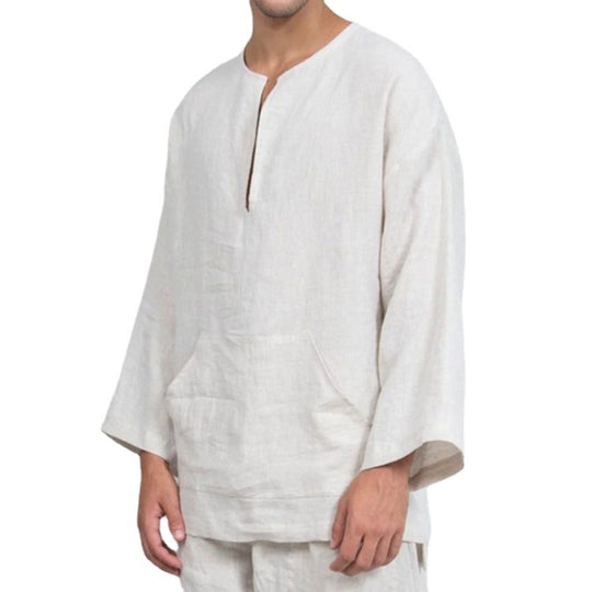 Herren lässiges Leinenoberteil mit Henley-Ausschnitt und praktischer Kängurutasche R&B