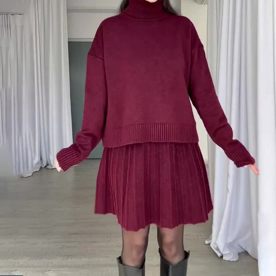 Damen Elegantes Strickensemble mit Rollkragen und fließendem Rock R&B