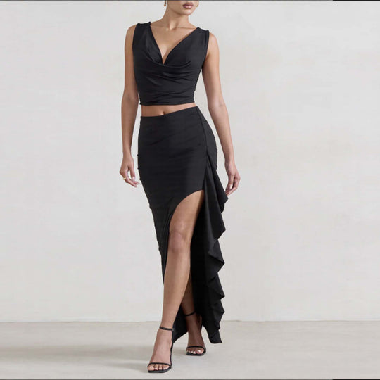 Damen Elegantes Crop-Top und Maxi-Rock Set mit hohem Schlitz R&B