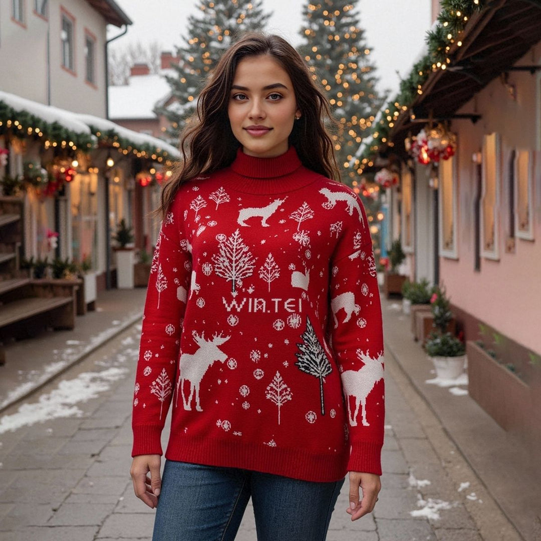 Damen winterlicher Weihnachts-Pullover mit festlichem Elch-Design und hochgeschlossenem Kragen R&B