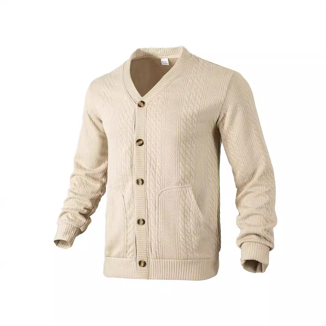Herren nan eleganter Zopfstrickcardigan mit V-Ausschnitt Knopfleiste und aufgesetzten Taschen R&B