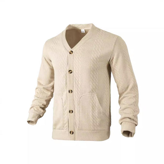 Herren nan eleganter Zopfstrickcardigan mit V-Ausschnitt Knopfleiste und aufgesetzten Taschen R&B