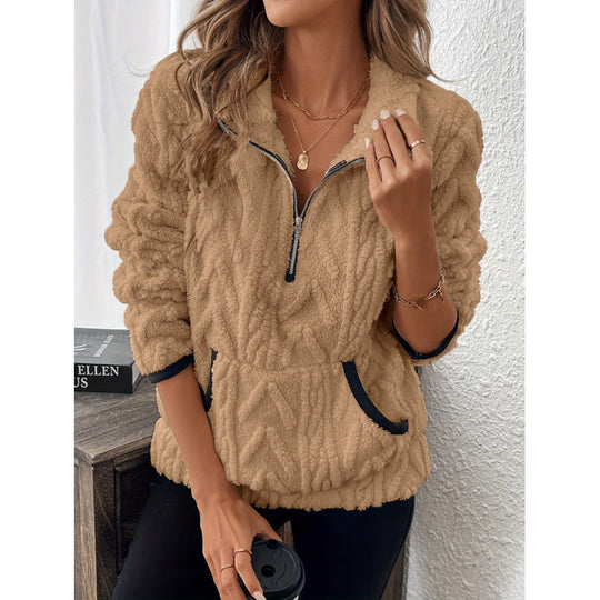 Damen flauschiger Teddy-Pullover mit halbem Reißverschluss und hohen Kragen R&B