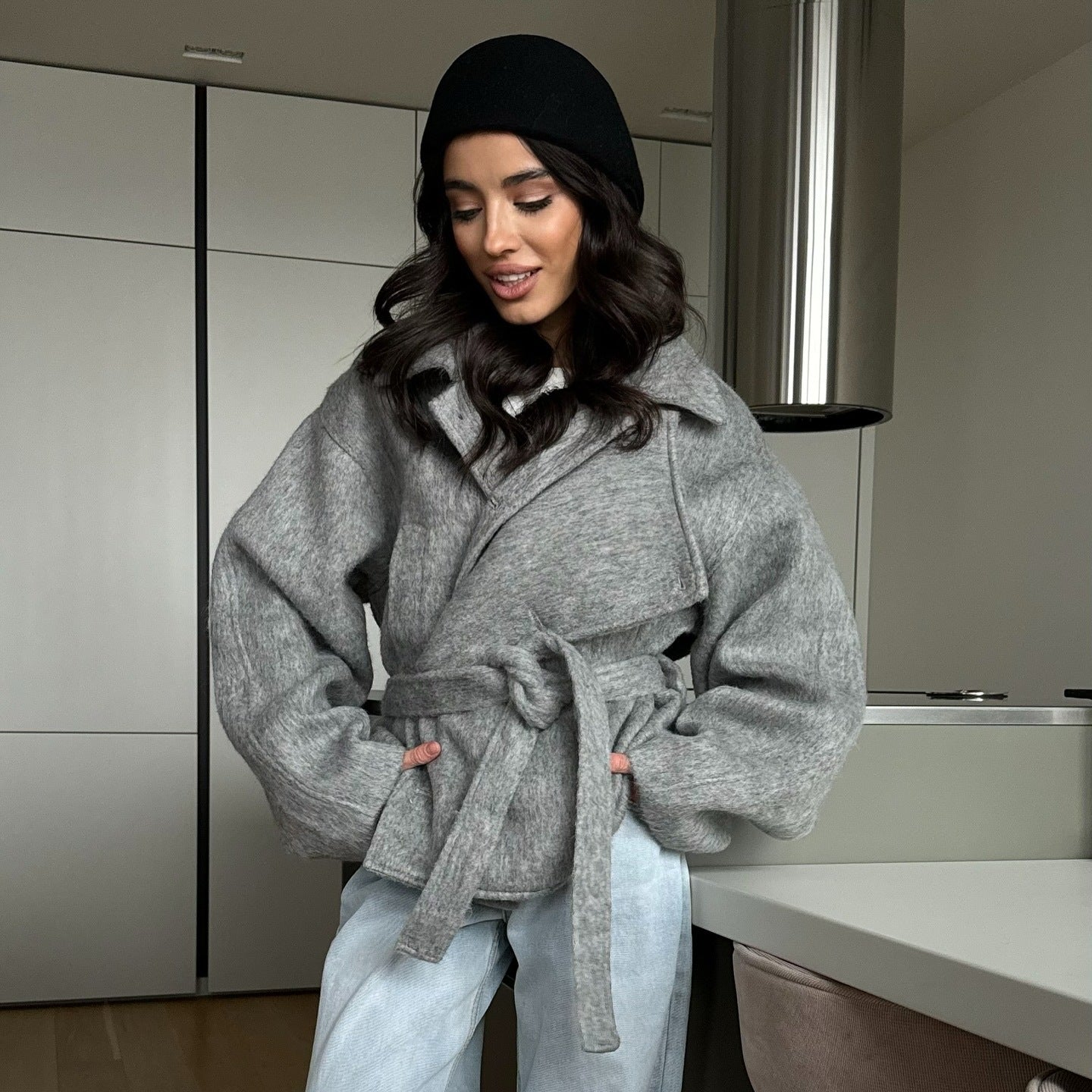 Damen Gemütliches Crop-Pullover-Set aus weichem Material mit reißerisch-verschlossenem Kragen R&B