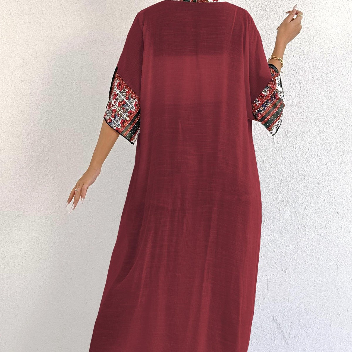 Damen eleganter, leichter Kaftan mit buntem Häkelbesatz R&B