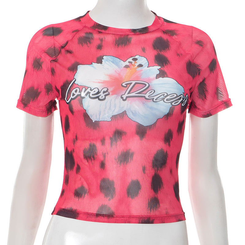 Damen modisches Crop-Top mit floralem Druck und trendigem Leopardenmuster R&B