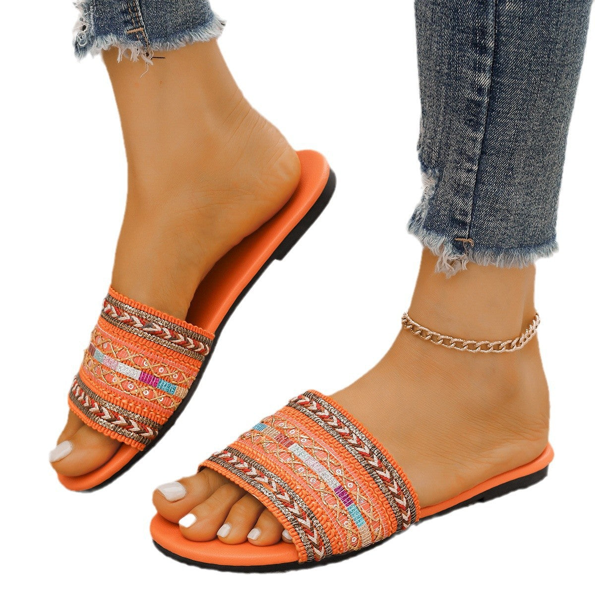 Damen dekorative Zehenstegsandalen mit buntem Schmuckdesign R&B