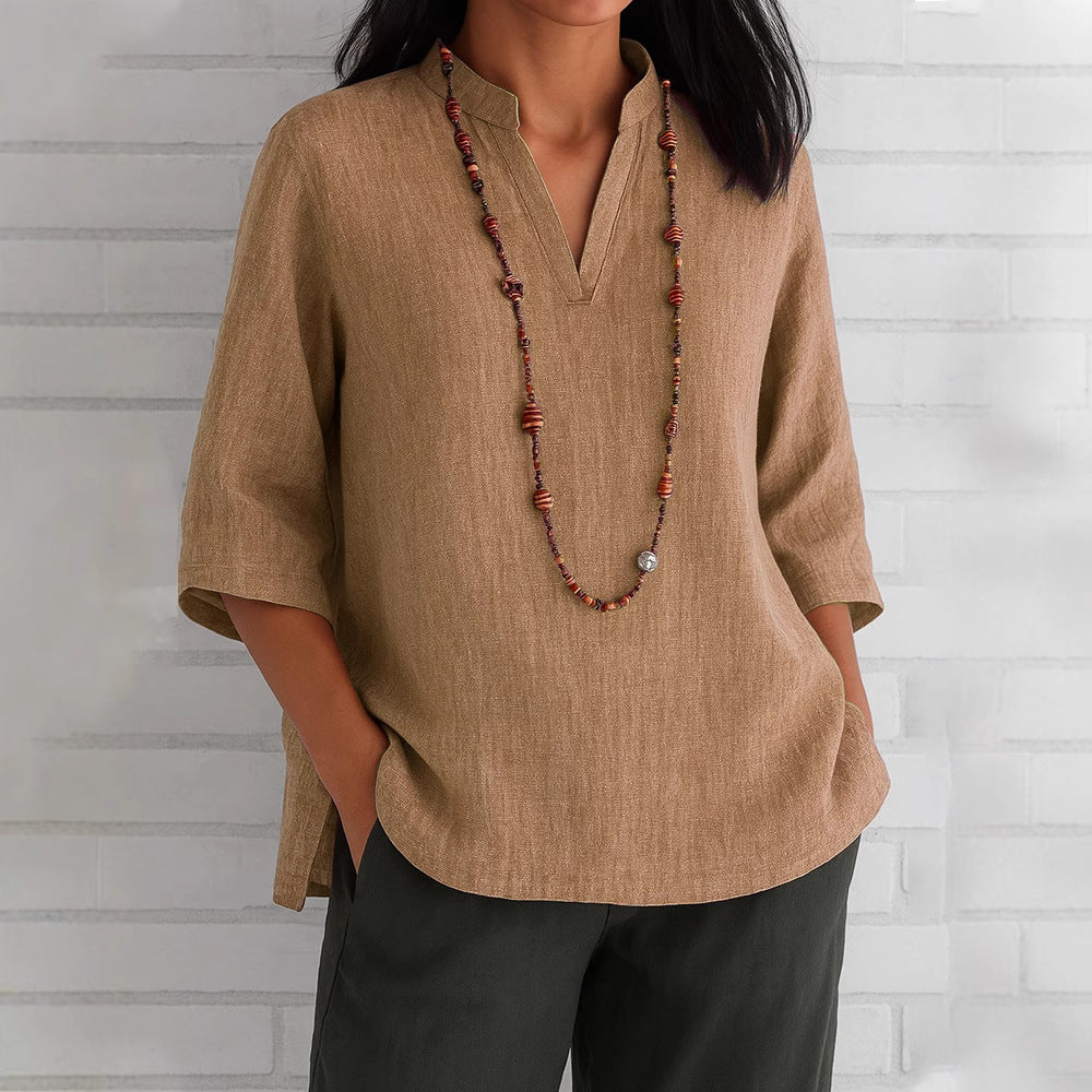 Damen lässige Bluse mit V-Ausschnitt und seitlichen Taschen