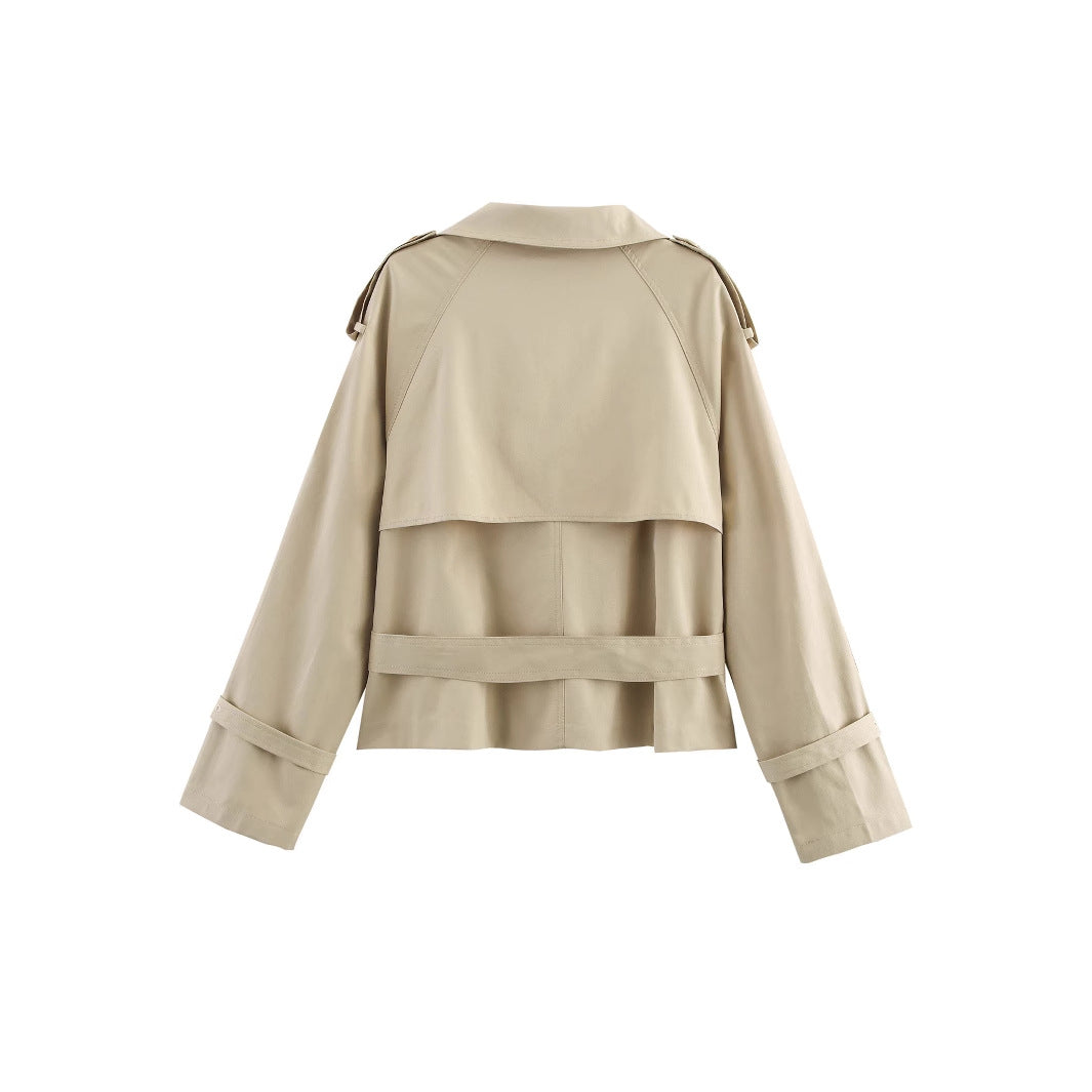 Damen modischer Trenchcoat mit hoch geschlossenem Kragen und praktischen Schulterriegeln R&B