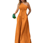 Damen Eleganter One-Shoulder Jumpsuit mit weitem Bein und Taillengürtel R&B